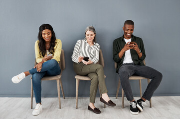 Poster - Cellphone, networking and business people waiting in office for interview, meeting or recruitment. Technology, line and professional copywriting candidates for job onboarding with phone in workplace.