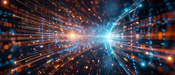 Abstract digital data stream with bright lights and dynamic motion, representing technology, communication, and futuristic concepts.
