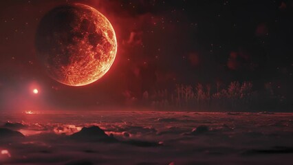 Wall Mural - The lunar eclipse casts a fiery red glow over the eerie landscape giving a sense of otherworldliness to the scene.