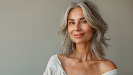 Wall Mural - A joyful senior woman with gray hair and a red scarf, reflecting warmth, happiness, and elegance in her expression.