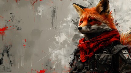 A fox with goggles on its face. The fox is wearing a leather jacket and has a leather strap around its neck