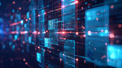 Abstract network grid with files and folders, futuristic software interface, digital document management system, store, search and organize documents, corporate business, paperless office. banner, 	
