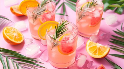 Refreshing citrus cocktails with rosemary garnish on a pink background