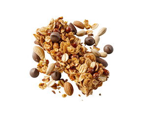 Healthy granola cereal bars with oats, nuts, and chocolate of stacked almond granola bars with loose almonds on transparent background Ai generative.