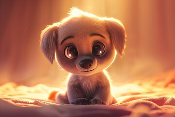 Poster - cute animal baby dog with a round body and large glowing pupils, edge light with a soft pastel background