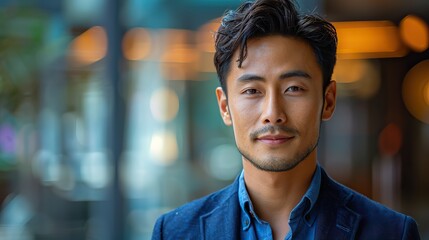 Sticker - young asian businessman with glass building background