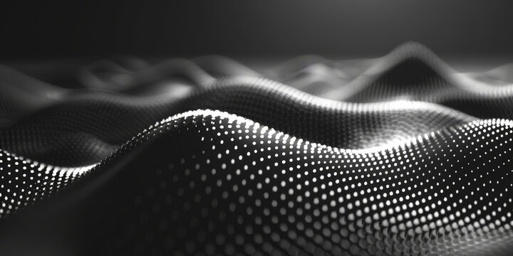 black background with white dots and lines in the shape of an wave, Black and white abstract waves with digital particles creating a modern and futuristic visual effect.banner
