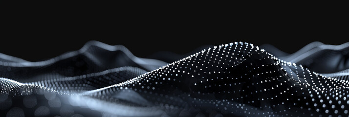 black background with white dots and lines in the shape of an wave, Black and white abstract waves with digital particles creating a modern and futuristic visual effect.banner
