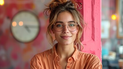 Wall Mural - young happy cheerful professional business woman happy laughing female office worker wearing glasses looking away at copy space advertising