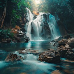 Poster - AI generated illustration of a cascading waterfall with abundant water flow