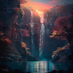 Wall Mural - AI generated illustration of a waterfall cascading on isolated island, encircled by mountains