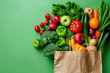 Shopping or delivery healthy food background. Healthy vegan vegetarian food in paper bag vegetables and fruits on green, copy space. Food supermarket and clean vegan eating concept - generative ai