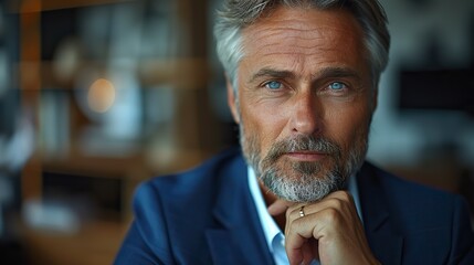 serious confident middle aged businessman thoughtful doubtful company ceo executive wearing blue suit standing in office holding hand in chin looking at camera thinking