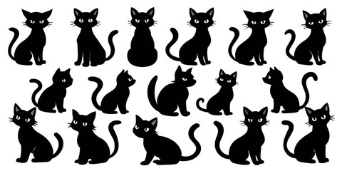 Poster - set of cat icons in different poses, black on white