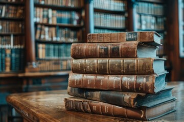 Wall Mural - STACK OF BOOKS ON THE TABLE IN LIBRARY - generative ai