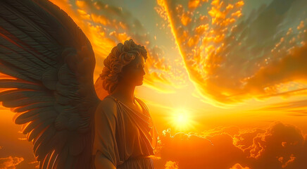 Angelic woman silhouette wings spread sunburst sunset sky rays heavenly spiritual mystical glowing mysterious ethereal magical dreamy fantasy inspirational peaceful hope faith divinity