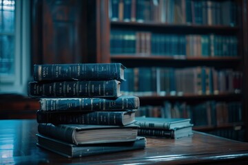 Wall Mural - STACK OF BOOKS ON THE TABLE IN LIBRARY - generative ai