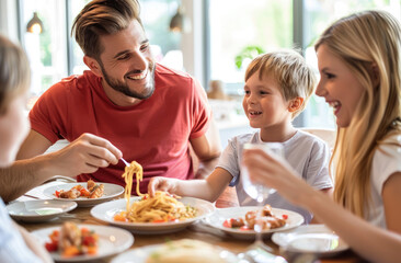 A happy family eating pasta together at the dining table, the dad is holding a fork with macaroni in his hand and smiling at his wife