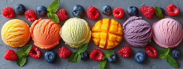 Wide banner photo of delicious scoop of multi color mixed fruit ice cream sorbet on a icecream cup with fruits and pieces around in white background