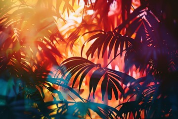 Tropical rainforest, close up, focus on, copy space, vibrant colors, Double exposure silhouette with foliage
