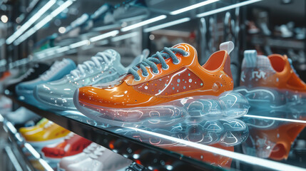 stylish fashionable sports sneakers on a shelf in a store, futuristic design, shoes, boots, fashion,