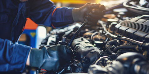 Auto mechanic in glove adjusts under hood components of a car with a socket wrench, in an automotive service center