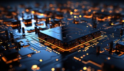 High-tech circuit board glowing with an array of integrated circuits and electronic components. Tech innovation in the realm of digital technology and software development.