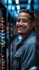 A young male IT professional smiles confidently while standing in a server room. He is wearing a casual shirt and has a friendly expression on his face.