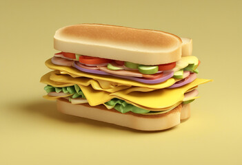 Wall Mural - Sandwich with ham, cheese, and vegetables isolated on a yellow background