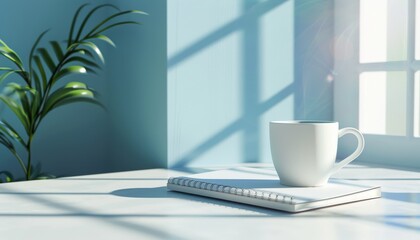 White cup and a book on the white table with a plant nearby. The background is blue.