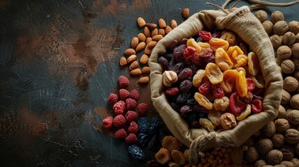 Wall Mural - Dried fruits and nuts arranged from a top perspective in a sack on the table