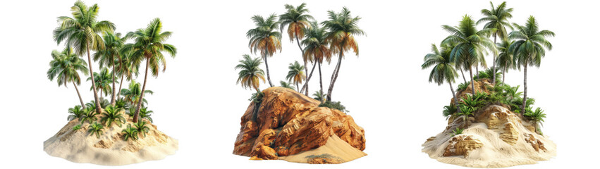 Cluster of palm trees growing on small sand dunes and rocky formations with lush green leaves and dense foliage, representing tropical vegetation and island landscapes on a transparent background.