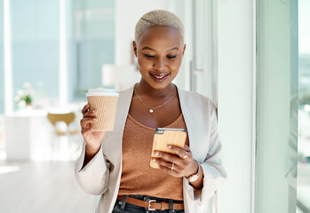 Sticker - Black woman, business and smartphone in office with smile, coffee cup and texting, networking or social media. African, female person and employee at company as project manager in corporate on tech