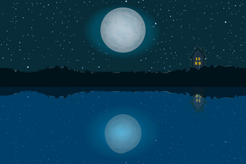 Little house,lake,and night sky with stars and moon.Night landscape background.Midnight scene with one home on starry sky.Dreamy sleep nightfall backdrop with farmhouse,lunar and starlit heaven.Vector