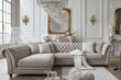 © Sula,s - An elegant Parisian-inspired living room with a tufted linen sofa, gilded accents, and a crystal chandelier, capturing the timeless elegance and romance of French haute couture.