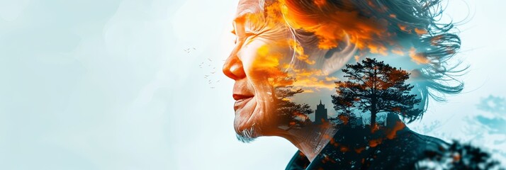 Wall Mural - Business senior in double exposure with vibrant skyscrapers and graphic elements