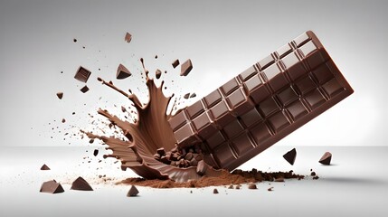 Piece of chocolate bar, explosion, piece of candy, broken isolated milk cocoa, on white background.