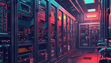 Imagine a flat design of a data center with secure servers and network cables