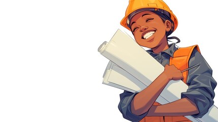 A cheerful young African engineer sporting a hard hat and clutching a set of paper plans beams brightly This 2d sketch depicts the boy confidently holding blueprints in a cartoon style illu