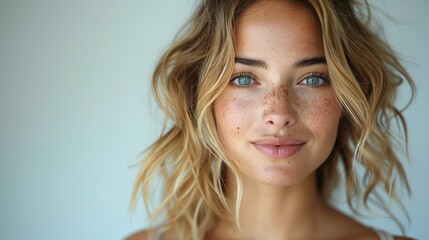 Wall Mural - pretty smiling joyously female with fair hair dressed casually staring at camera with satisfaction pleased studio portrait of a lovely woman against a white background