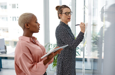 Poster - People, problem solving or brainstorming on glass wall, tablet or sticky note for planning or teamwork in office. Creative project, writing or designer in startup for ideas or solution with schedule