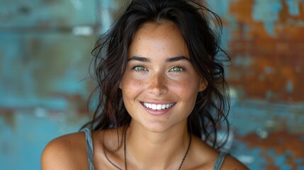 Wall Mural - happy brunette woman with a beautiful smile joyfully posing for a portrait