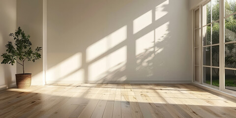 Wall Mural - white empty room with shadow window and green plant on white wall luxury background and wooden floor