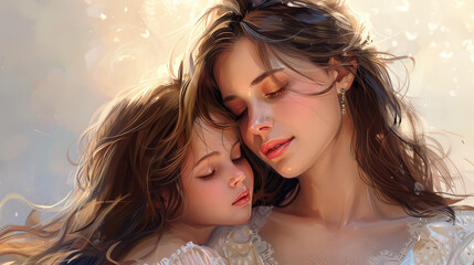 Illustration of a beautiful woman embracing her young daughter, depicting motherdaughter love.