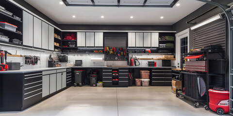 A well-organized modern garage interior with storage cabinets and a variety of tools