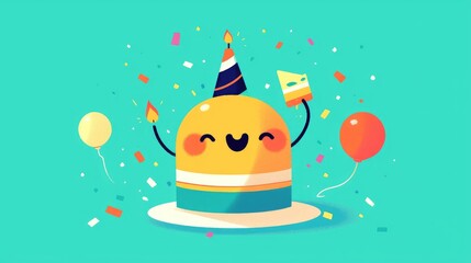 Poster - A festive pictogram features a beaming man in a party hat celebrating his birthday with a cake and candles The simple colorful emoji showcases a round character with bold outlines resembling