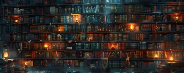 Wall Mural - A massive ancient bookshelf filled with a variety of old books and scrolls, illuminated by the soft glow from vintage lanterns