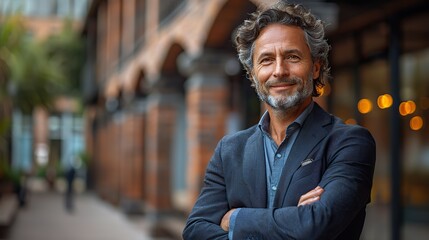 Poster - a successful businessman poses with his arms crossed and smiles at the camera