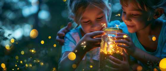 Wall Mural - Two young girls are holding a jar with glowing lights inside