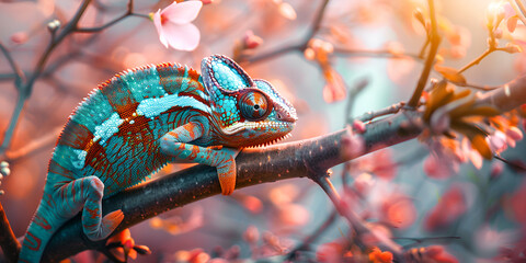 Cute blue panther chameleon sitting branch picture Ai generated art